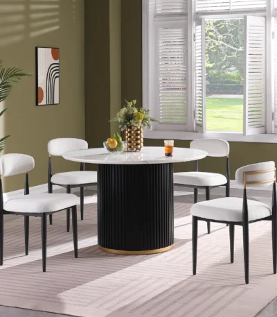 Goldoma 46-inch faux marble dining table set for 4 with black wave metal base and gold accents in a modern dining room