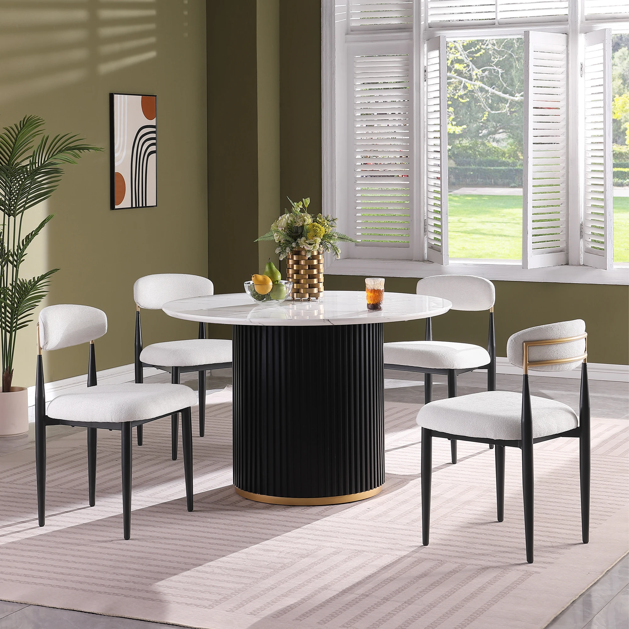 H0861ec929e324ef885891191a51a16ffF.webp Goldoma 46-inch faux marble dining table set for 4 with black wave metal base and gold accents in a modern dining room