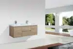White countertop and Andean oak vanity by Goldoma, 1500mm, top-down view showing sink and counter space.