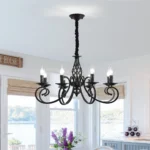 Side view of the 8-light pendant chandelier, highlighting curved arms and candle-shaped bulbs.