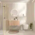 Goldoma vanity cabinet with open door revealing storage shelves, wall-mounted in a bright bathroom with tiles.