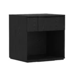 Black nightstand with drawer storage in a modern bedroom setting