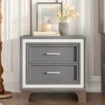 Modern velvet nightstand with silver glitter strip decor and two drawers, placed beside a bed in a bedroom