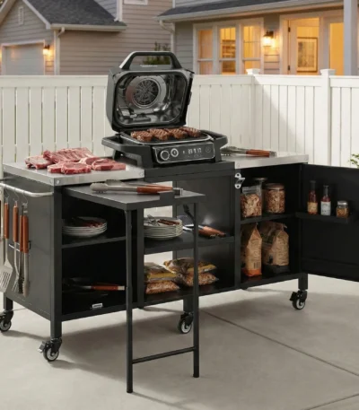 Modern Waterproof Portable Metal Outdoor Grill Cart Fold-out Prep Table Adjustable Shelves Spice Rack Outdoor Kitchen Island