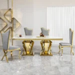 Modern marble dining table for 6 with polished stainless steel diamond base - 66.9 inch rectangular dining table