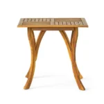Acacia wood outdoor dining table square 31.5 inch natural brown finish on patio