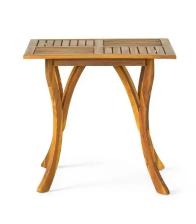 Acacia wood outdoor dining table square 31.5 inch natural brown finish on patio