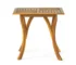 Natural brown acacia wood outdoor dining table square 31.5 inches on patio with chairs