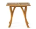 Natural brown acacia wood outdoor dining table square 31.5 inches on patio with chairs