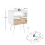 White rattan end table with drawer and solid wood legs, modern nightstand for bedroom or living room