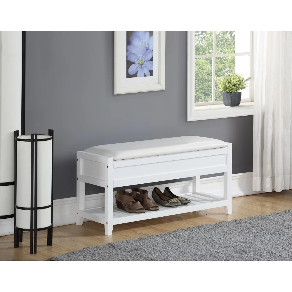 H098e48c7dfac4e4096bda4a431c90b54Q.webp White storage bench with padded seat and shoe shelf in entryway