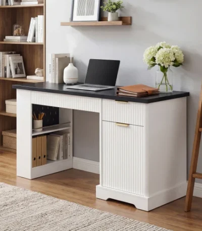 Modern Solid Wood Fluted Office Desk Storage Cabinet Drawers Eco-Friendly Adjustable Height Computer Writing Desk Power