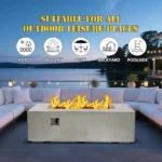 Rectangular MgO propane fire pit table with glowing flames on a patio