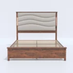 Goldoma queen bed frame with upholstered headboard, charging station, and LED lights in beige linen