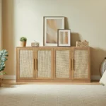 Modern Rattan 4-Door Buffet Cabinet Large Sideboard & Credenza for Living Room Dining Hotel Use - Image 4