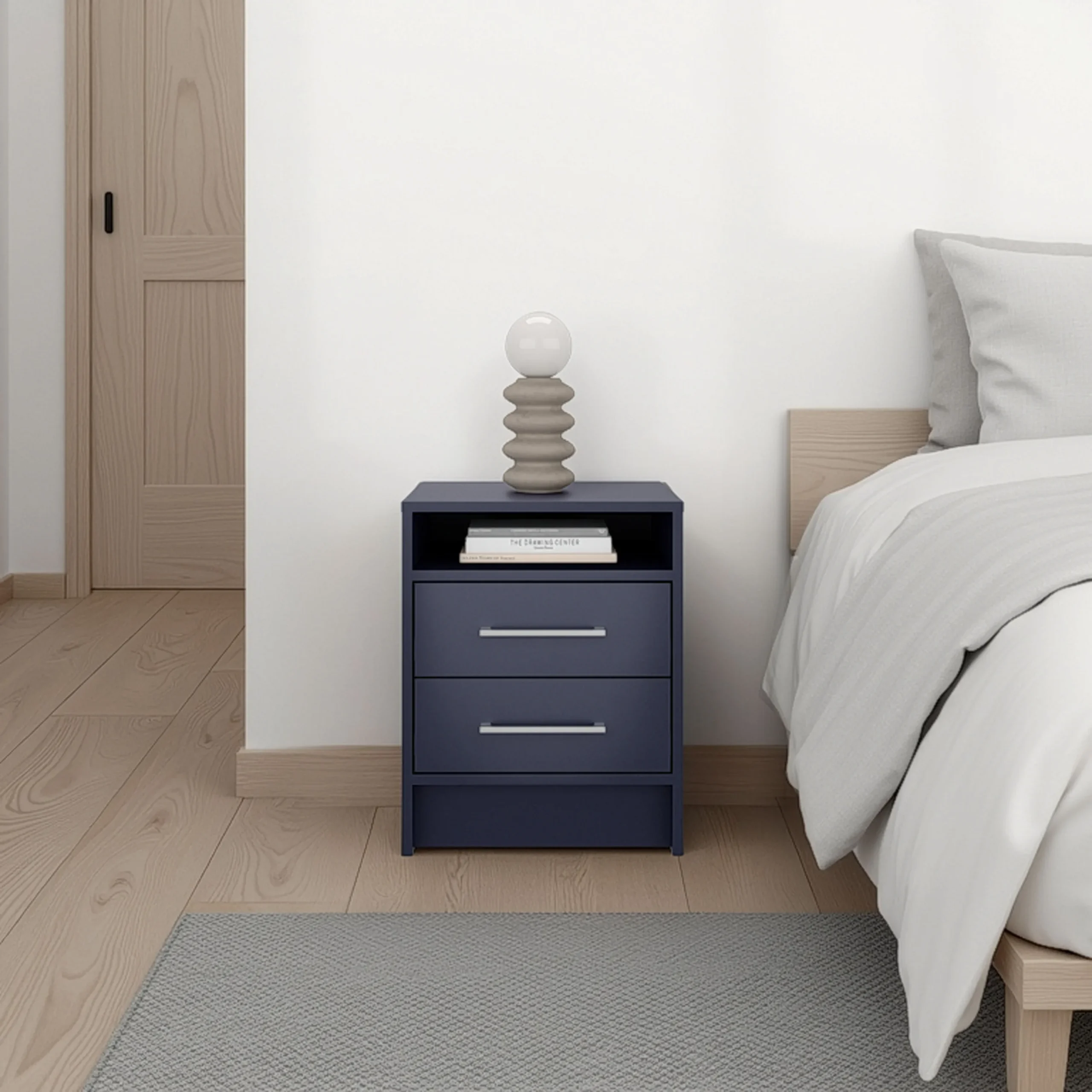 Goldoma Eter Nightstand With Two Drawers and One Open Shelf - Modern Bedroom Storage, Navy Blue