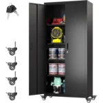 Optional Wheels Metal Lockable File Cabinet 2-Door 4-Adjustable Shelves for Home Office School-Black FCJ Storage Tool Cabinets
