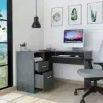 HMS 41" Gray L-Shaped Computer Desk with Two Drawers Modern Design Solid Wood Metal Assembled for Bedroom or Living Room Use