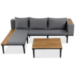 Luxury modern outdoor sofa set with acacia wood frame and removable waterproof cushions on a patio