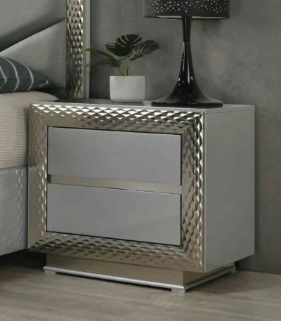 Modern gray nightstand with felt lined top drawer and silver molding plinth base - Goldoma bedroom furniture