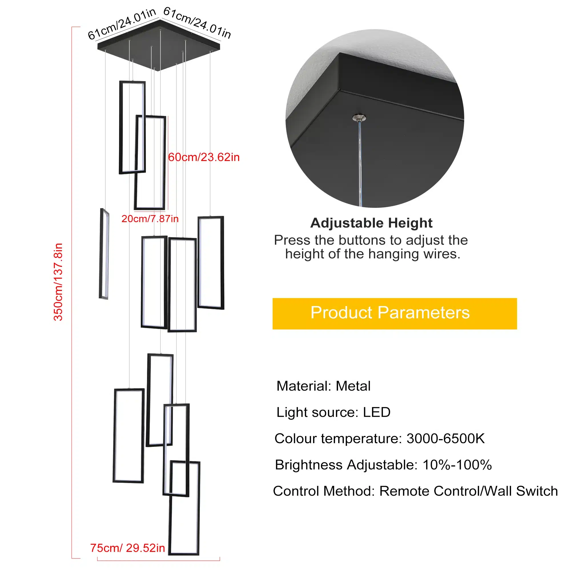 Modern 10-Light Dimmable LED Chandelier, Black Rectangle Pendant Light with Remote for High Ceilings, Staircase, Foyer, Entryway