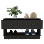 Black Wengue storage bench with drawers and lower shelf in an entryway