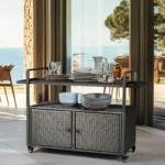 Outdoor Bar Cart Table, Large Wicker Island Rolling Cart, Black – close-up detail