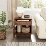 Walnut wood nightstand with drawer and shelf - modern storage side table for bedroom