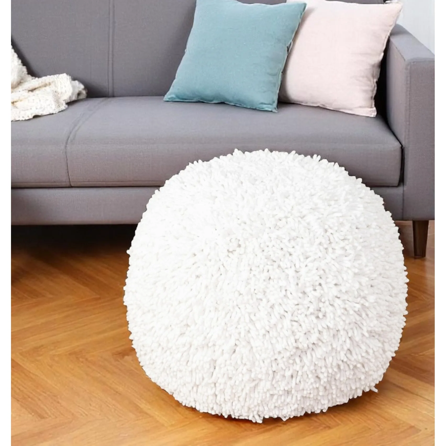 Goldoma 20" Cream Cotton Tufted Round Pouf Ottoman - Footrest & Extra Seat