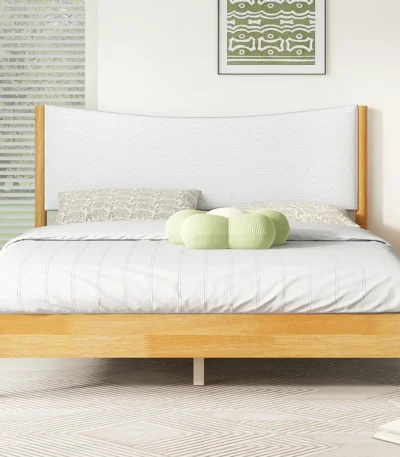 Goldoma queen size modern convertible platform bed with diamond crystal frame and boucle upholstered headboard in beech white