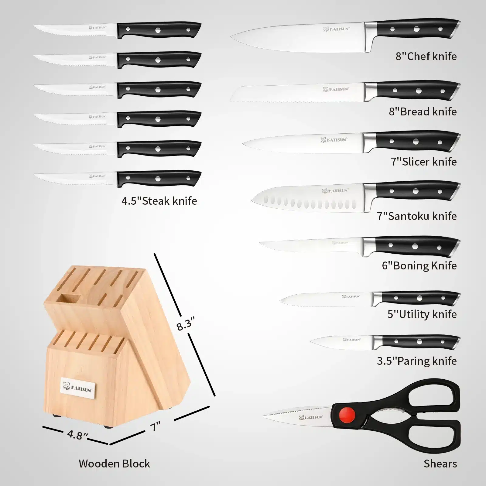 15 Pieces High Carbon Steel Kitchen Knife Set with Real Wooden Stand, Inner Sharpener, and Kitchen Scissors