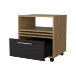 Natural oak nightstand with drawer and open shelf in a minimalist bedroom setting