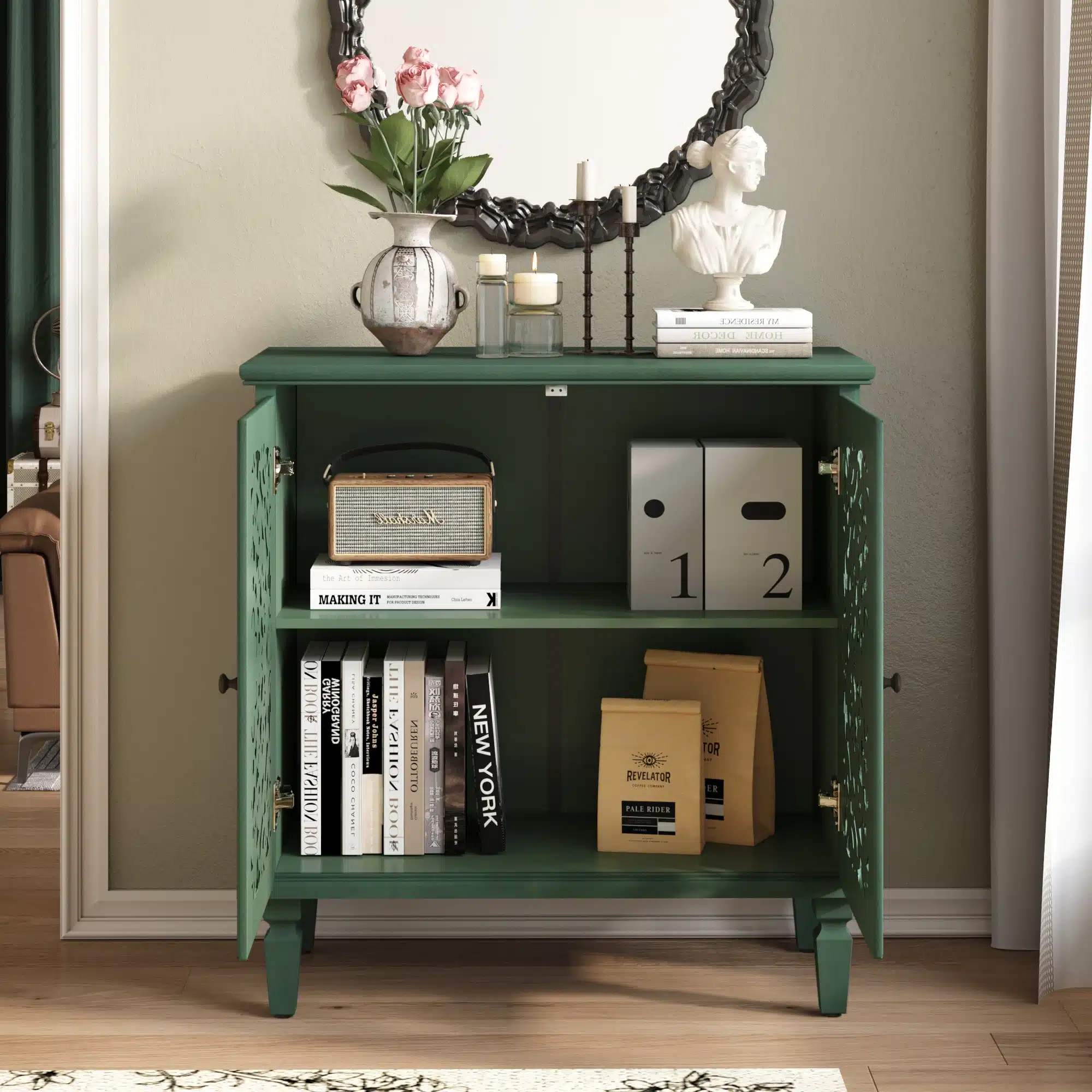 Vintage 2-Door Sideboard with Symmetrical Floral Design Hollow-Carved Mango Wood Accent Cabinet Rustic Style Adjustable Shelf