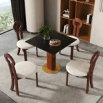 Modern sintered stone square dining table for 4 by Goldoma, white top with metal legs in dining room