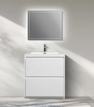 Floor standing 30-inch modern painted stone basin bathroom vanity with soft closing doors, front view in a bright