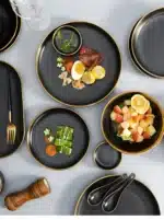 Gilt Rim Black Porcelain Dinner Plates Kitchen Dishes Ceramics Tableware Food Tray Rice Salad Noodles Bowl Cutlery Set – top
