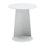 White aluminum outdoor side table with foldable legs and rounded granite finish placed on a patio