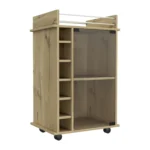 Brown wood rolling bar cart with wine storage and metal shelves
