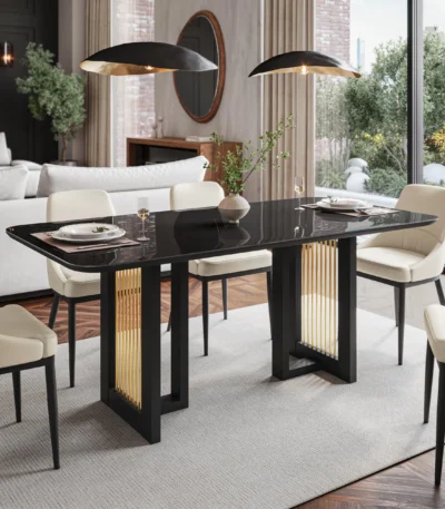 Modern 6-seater dining table with black MDF frame, gold legs, and tempered glass top in a contemporary dining room setting
