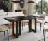 Modern glass top dining table with black and gold metal base, rectangular shape, set for six