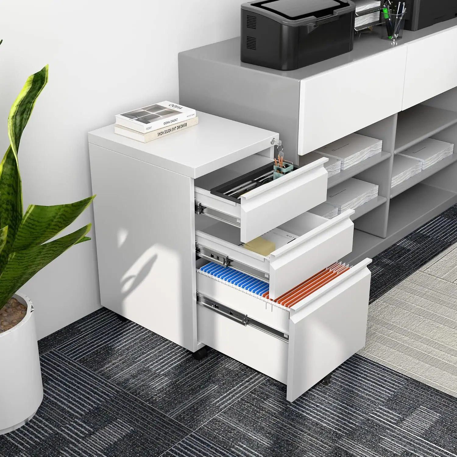 3 Drawer Mobile File Cabinet Fully Assembled White FCJ Metal Filing Cabinet for Office Home A4 3 Drawer Mobile File Cabinet Fully Assembled White FCJ Metal Filing Cabinet for Office Home A4 Legal Letter Size Lock Movable