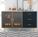 Modern Solid Wood Sideboard Buffet Cabinet Marble Sticker Tabletop Amber-yellow Tempered Glass Doors Living Room Dining Storage - Image 2