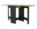 Space saving dining table with drop leaf extended, wood brown top and black trestle base in a cozy dining room