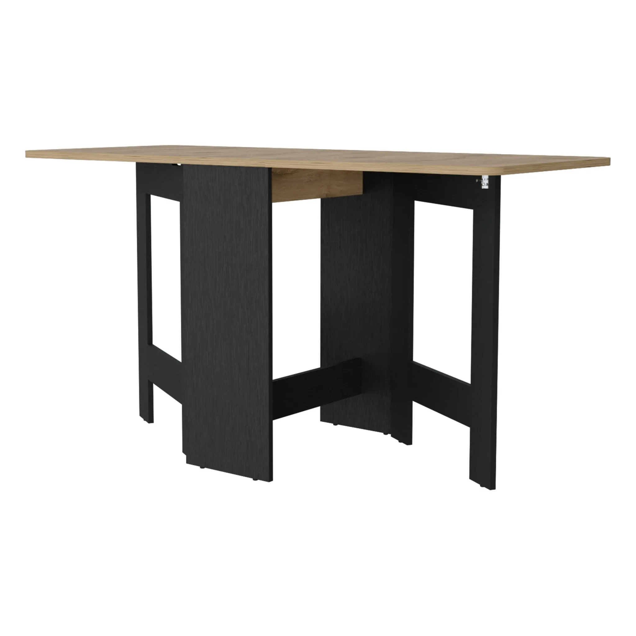 Space saving dining table with drop leaf extended, wood brown top and black trestle base in a cozy dining room