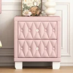 Modern solid wood nightstand with two drawers in a minimalist bedroom setting