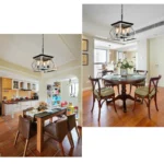 Side view of the industrial pendant chandelier, highlighting the cage structure and oak accents against a neutral wall.
