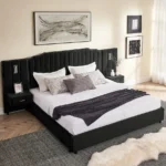 Goldoma adjustable king upholstered bed frame with velvet vertical stripe design in modern bedroom