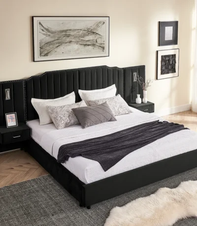 Goldoma adjustable king upholstered bed frame with velvet vertical stripe design in modern bedroom
