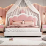 Goldoma Princess Bed with tufted crown headboard in cream and pink - twin platform bed