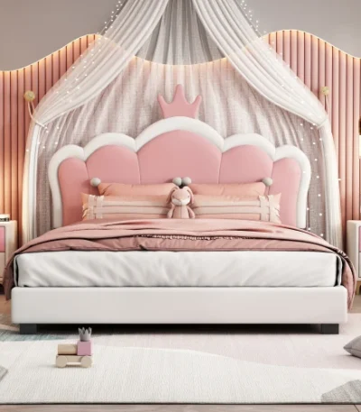 Goldoma Princess Bed with tufted crown headboard in cream and pink - twin platform bed